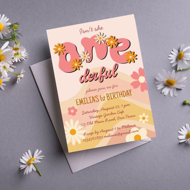 Onederful groovy one retro daisy birthday invitation (Onederful groovy one retro daisy 1st birthday party invitation editable template instant download)