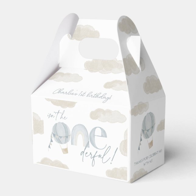Onederful Hot Air Balloon Blue 1st Birthday Favour Box (Front Side)