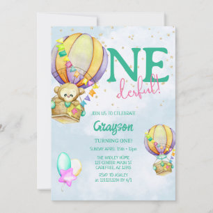Onederful Hot Air Balloon Blue 1st Birthday Invitation