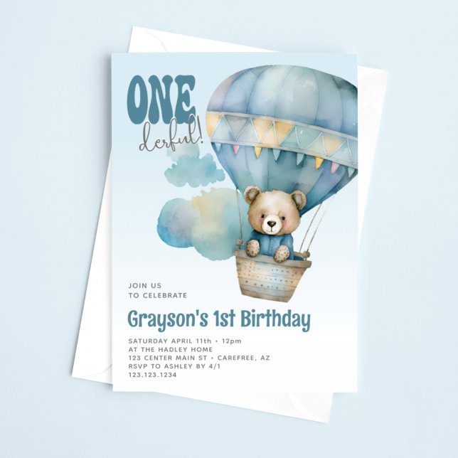 Onederful Hot Air Balloon Blue 1st Birthday Invitation (Creator Uploaded)