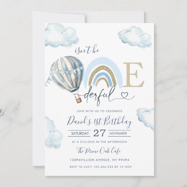 Onederful Hot Air Balloon Boy 1st Birthday Invitation (Front)