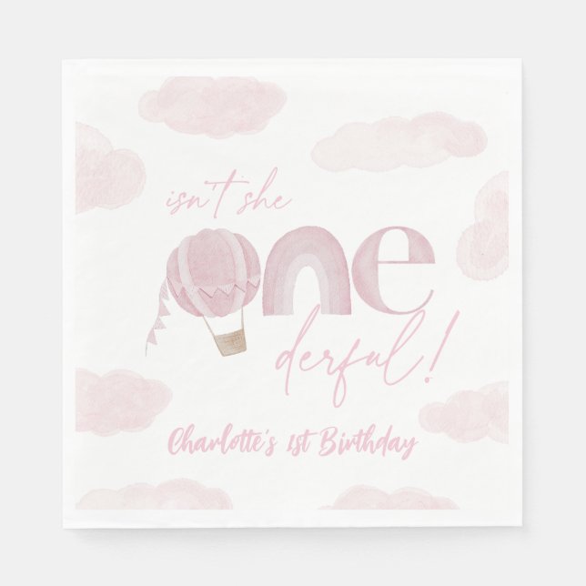 Onederful Hot Air Balloon Pink 1st Birthday Napkin (Front)
