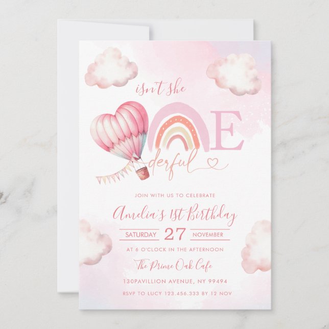 Onederful Hot Air Balloon Pink Girl 1st Birthday Invitation (Front)