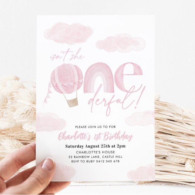 Onederful Hot Air Balloon Pink Girl's 1st Birthday Invitation (Creator Uploaded)
