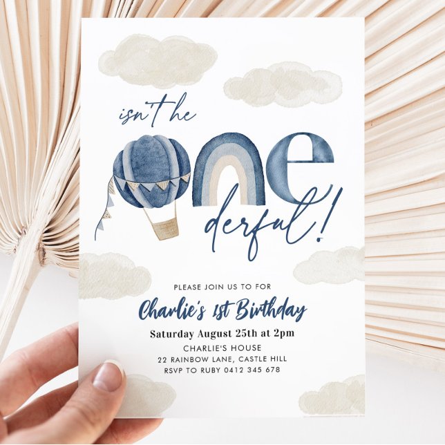 Onederful Hot Air Balloon Rainbow Boy 1st Birthday Invitation (Creator Uploaded)