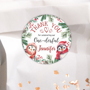 ONEderful Penguin Christmas 1st Birthday Thank You Classic Round Sticker