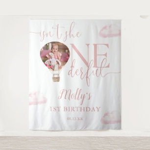Onederful Photo Balloon Pink 1st Birthday Backdrop Tapestry