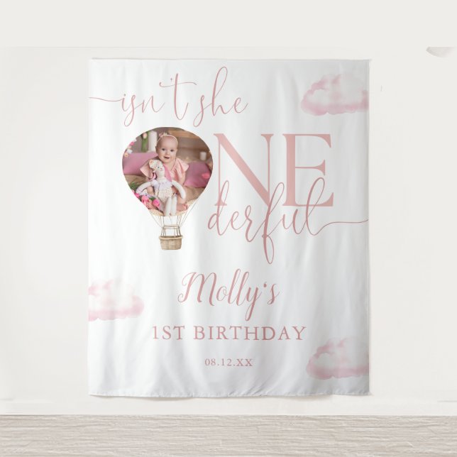Onederful Photo Balloon Pink 1st Birthday Backdrop Tapestry (Front)