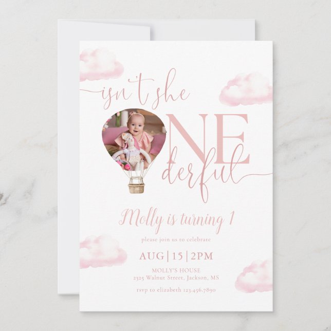 Onederful Photo Hot Air Balloon Girl 1st Birthday Invitation (Front)