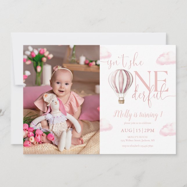 Onederful Pink Air Balloon Girl Photo 1st Birthday Invitation (Front)