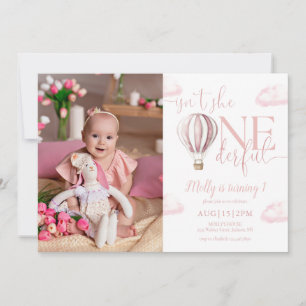 Onederful Pink Air Balloon Girl Photo 1st Birthday Invitation