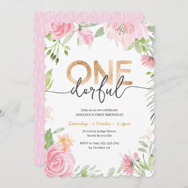 ONEderful Pink and gold first Birthday Invitation (Front/Back)