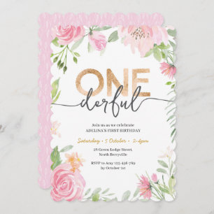 ONEderful Pink and gold first Birthday Invitation