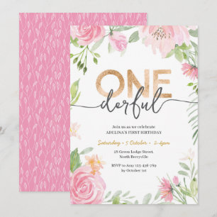 ONEderful Pink Flowers 1st Birthday Invitation