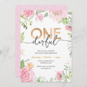 ONEderful Pink Flowers 1st Birthday Invitation