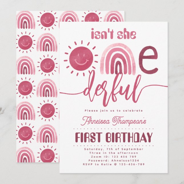 Onederful Pink Rainbow Sunshine Virtual Birthday Invitation (Front/Back)