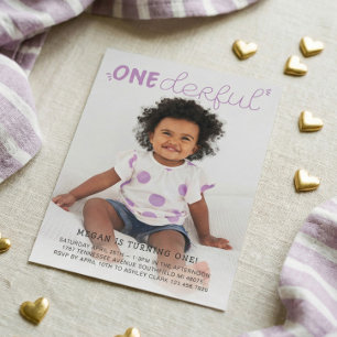 Onederful Purple Minimal Photo Birthday Invitation