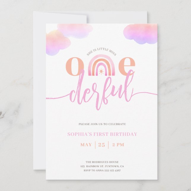 Onederful Rainbow Girl 1st Birthday Invitation (Front)