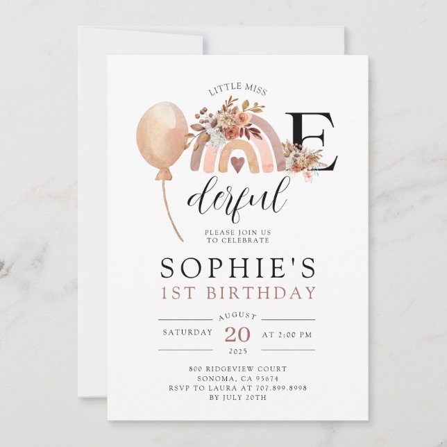 ONEderful Rainbow Girl's Birthday Invitation (Front)