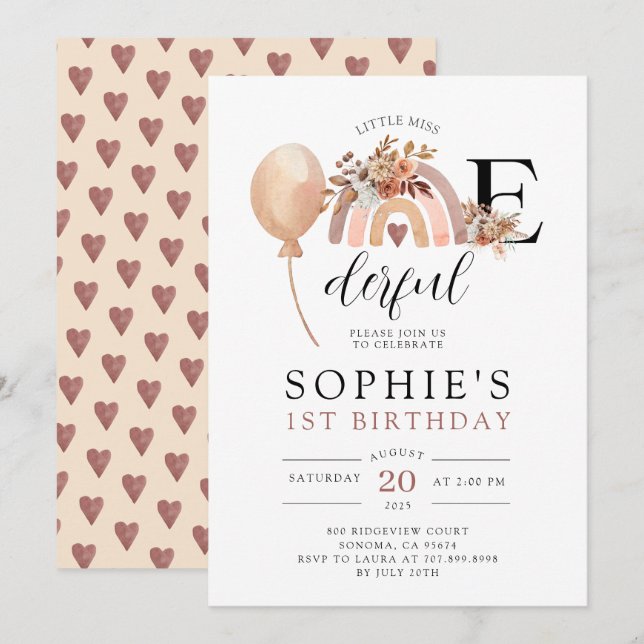 ONEderful Rainbow Girl's Birthday Invitation (Front/Back)