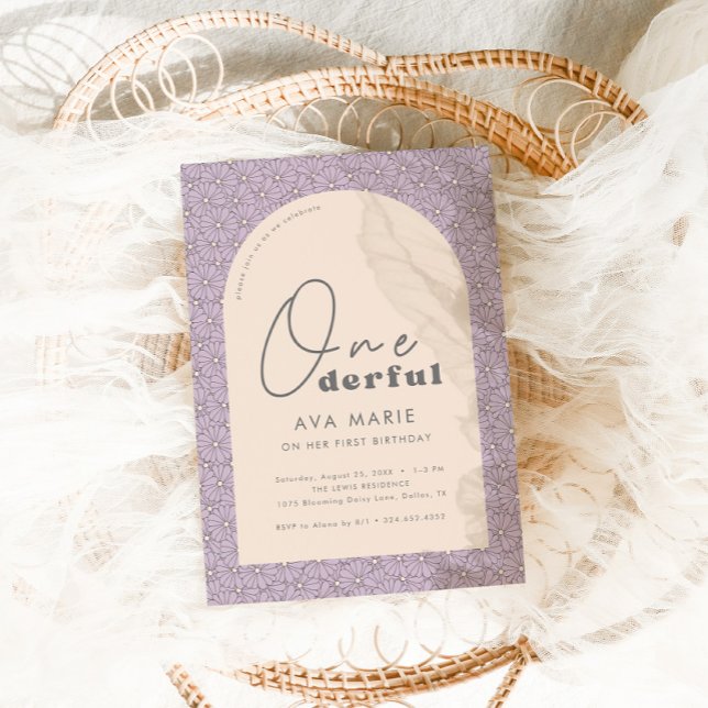 Onederful Retro Daisy Girls Purple 1st Birthday Invitation (Creator Uploaded)