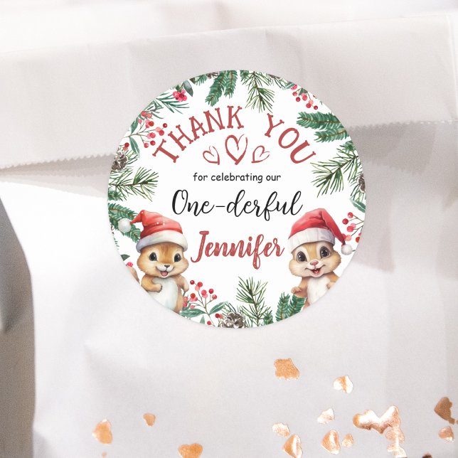 ONEderful Squirrel Christmas 1° Birthday Thank You Classic Round Sticker (Creator Uploaded)