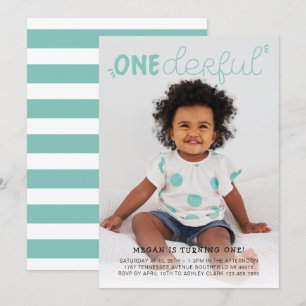 Onederful Teal Blue Minimal Photo Birthday Invitation