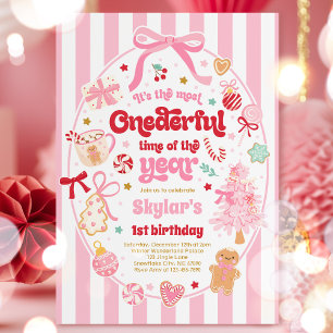 Onederful Time Of The Year Christmas Bow Birthday Invitation
