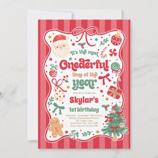 Onederful Time Of The Year Christmas Bow Birthday Invitation (Front)
