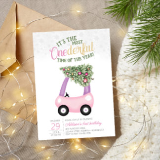 ONEderful Time Of The Year Pink car 1st Birthday Invitation
