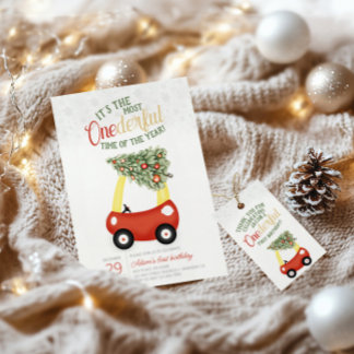 ONEderful Time Of The Year Red car 1st Birthday Invitation