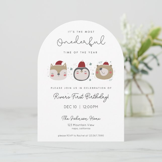 Onederful Winter Animals First Birthday Invitation (Standing Front)