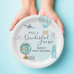 ONEderful World Boys 1st First Birthday Party Paper Plate<br><div class="desc">What a ONEderful World 1st Birthday Party design with blue hot air balloon,  luggage,  a globe,  camera,  passport and aeroplane. Wanderlust and wonderful world first birthday party for boys.</div>