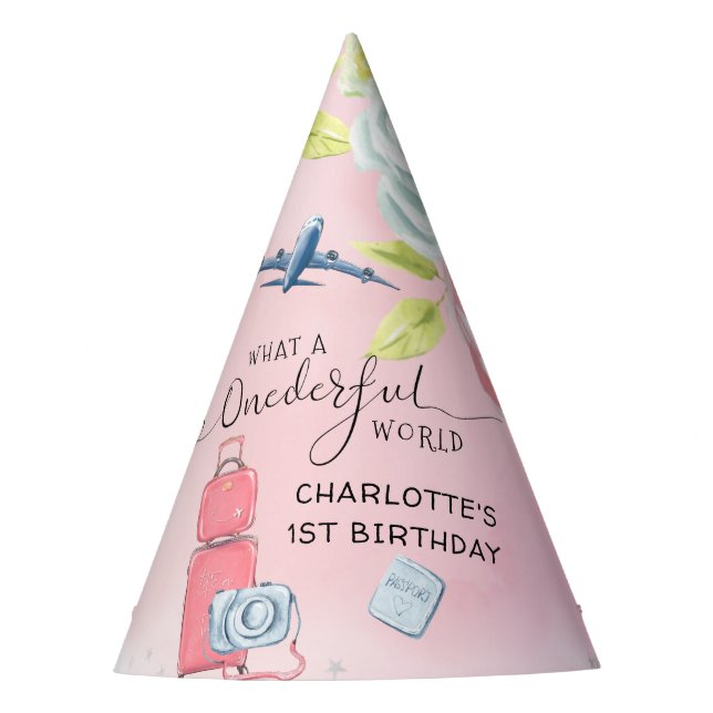 ONEderful World Girls First Birthday Party Hat (Front)