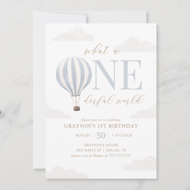 Onederful World Hot Air Balloon 1st Birthday Invitation (Front)