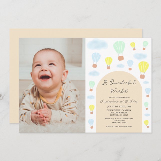 Onederful World Hot Air Balloon 1st Birthday Invitation (Front/Back)