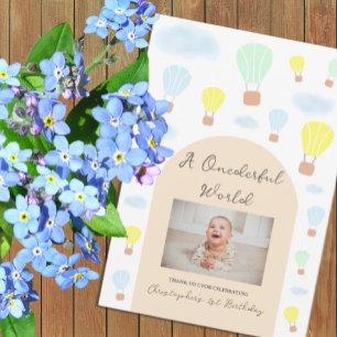 Onederful World Hot Air Balloon 1st Birthday Thank You Card