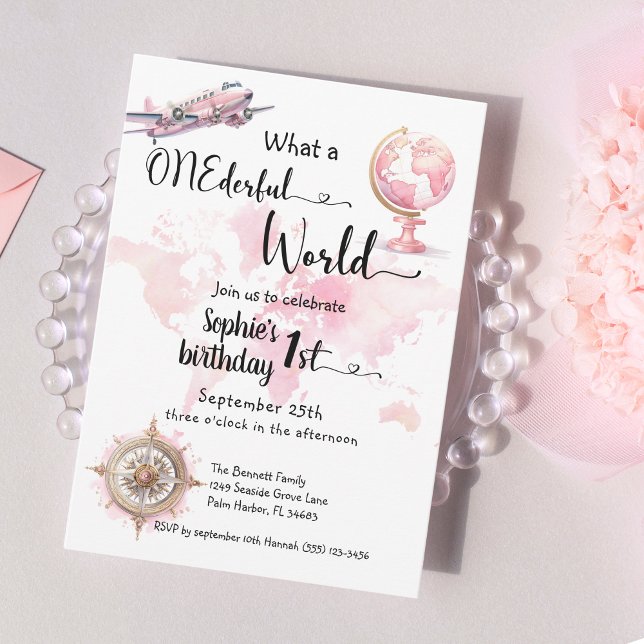 ONEderful world pink travel girl 1st birthday Invitation (Creator Uploaded)
