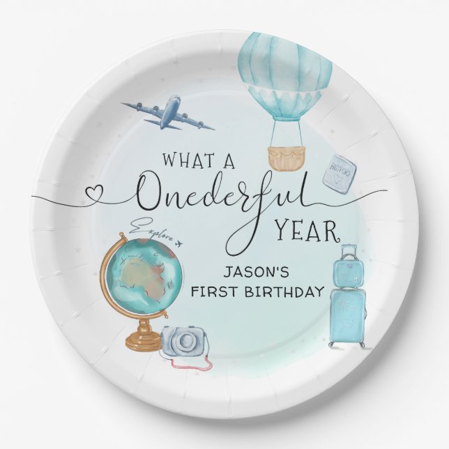 ONEderful Year Boys 1st First Birthday Party Paper Plate (Front)