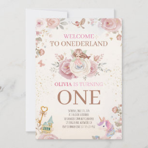 Onederland Floral First Birthday Girl Luxury Invitation