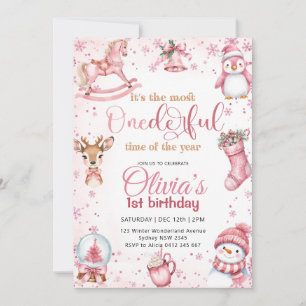 ONEderland Pink Christmas Birthday Party Invitation