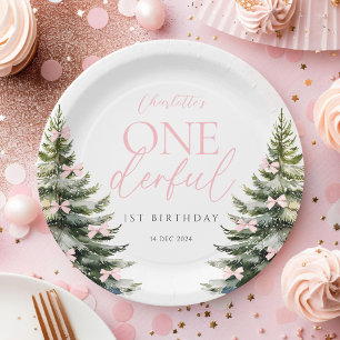 Onederland Winter Pink Bow 1st Birthday Paper Plate