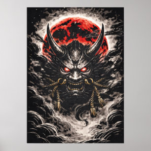 Oni Demon in Red Moon - Japanese Anime Art Poster