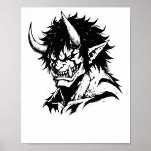 Oni Yokai Japanese Outline Portrait Sticker Poster