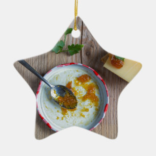 Onion pineapple chutney on rustic wood ceramic tree decoration