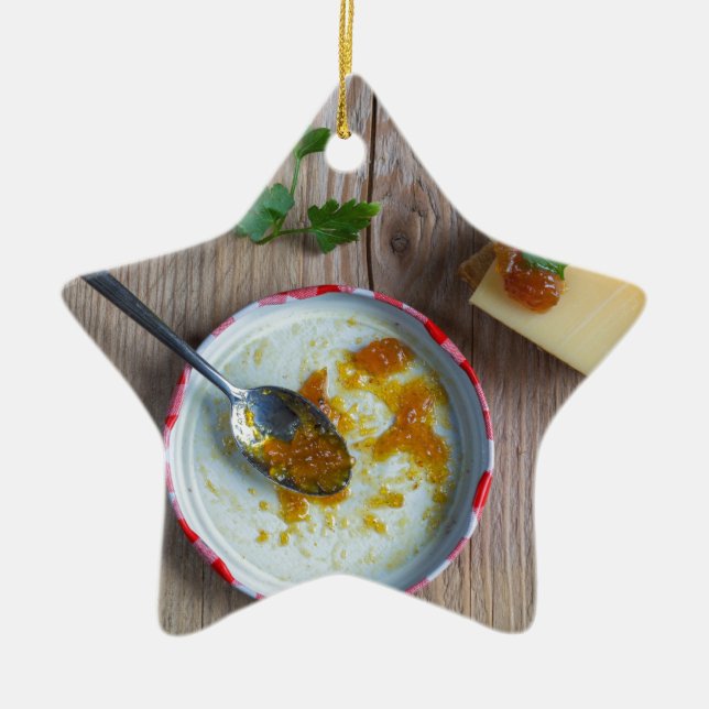 Onion pineapple chutney on rustic wood ceramic tree decoration (Front)