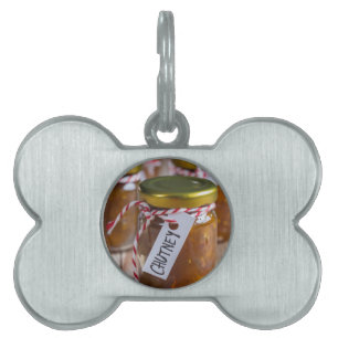 Onion pineapple chutney on rustic wood pet name tag