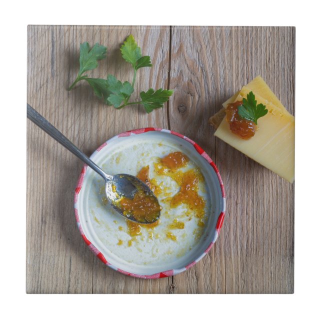 Onion pineapple chutney on rustic wood tile (Front)