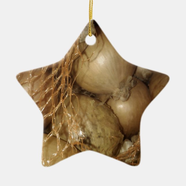 Onions In Net, Food Vegetables, Spicy Cooking Ceramic Tree Decoration (Front)