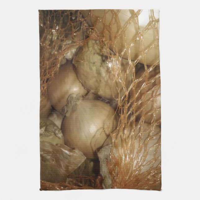 Onions In Net, Food Vegetables, Spicy Cooking Tea Towel (Vertical)